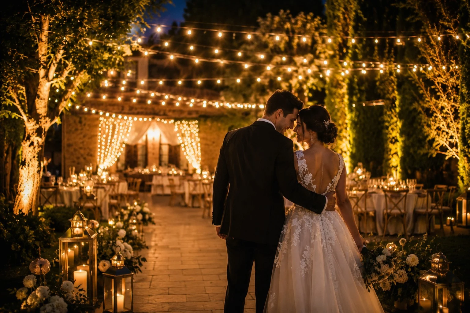 Pareja de recién casados en una boda iluminada por Grupo Altius